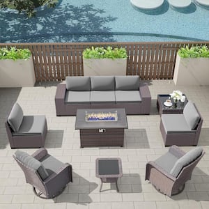11-Piece Wicker Patio Conversation Set with Fire Pit Table, Glass Coffee Table, Swivel Rocking Chairs and Cushion Gray