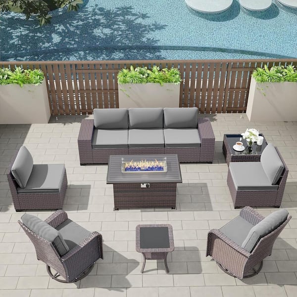 Halmuz 11-Piece Wicker Patio Conversation Set with Fire Pit Table, Glass Coffee Table, Swivel Rocking Chairs and Cushion Gray