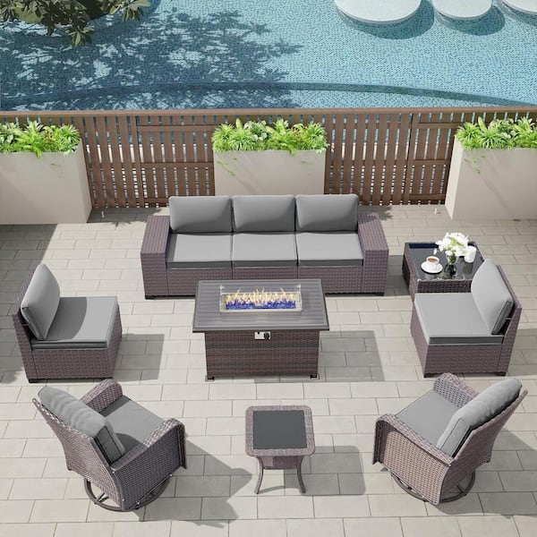 11-Piece Wicker Patio Conversation Set with Fire Pit Table, Glass Coffee Table, Swivel Rocking Chairs and Cushion Gray