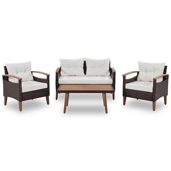 Brown 4-Piece Wood Patio Conversation Set with Beige Cushions