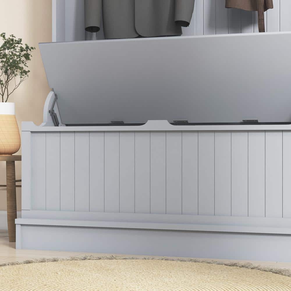 Gray Engineered Wood Hall Tree with Storage Bench and Metal Hooks