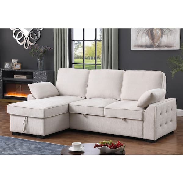 Renee 91 in. Chenille L-Shaped Sectional Sofa in Beige with Storage Chaise, Drop-Down Table, Cup Holders, Charging Ports