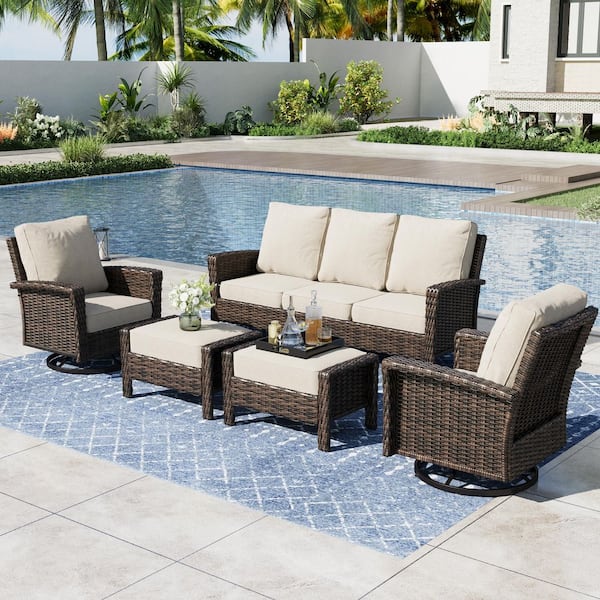 PHI VILLA Black 5-Pieces Metal Patio Conversation Sectional Seating Set with Swivel Sofa Chairs, Ottoman and Beige Cushions