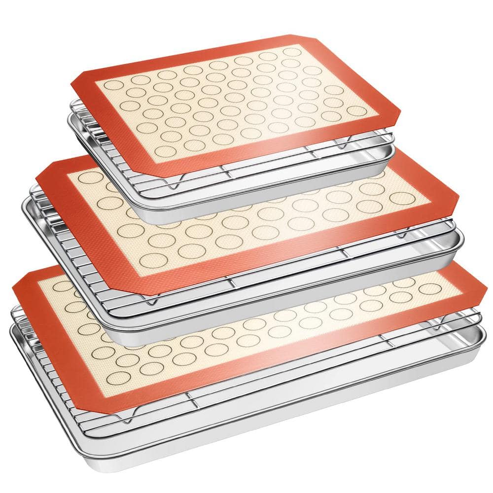 Baking Sheet Tray Stainless Steel Cooling Rack Silicone Mat Set, Cookie Pan