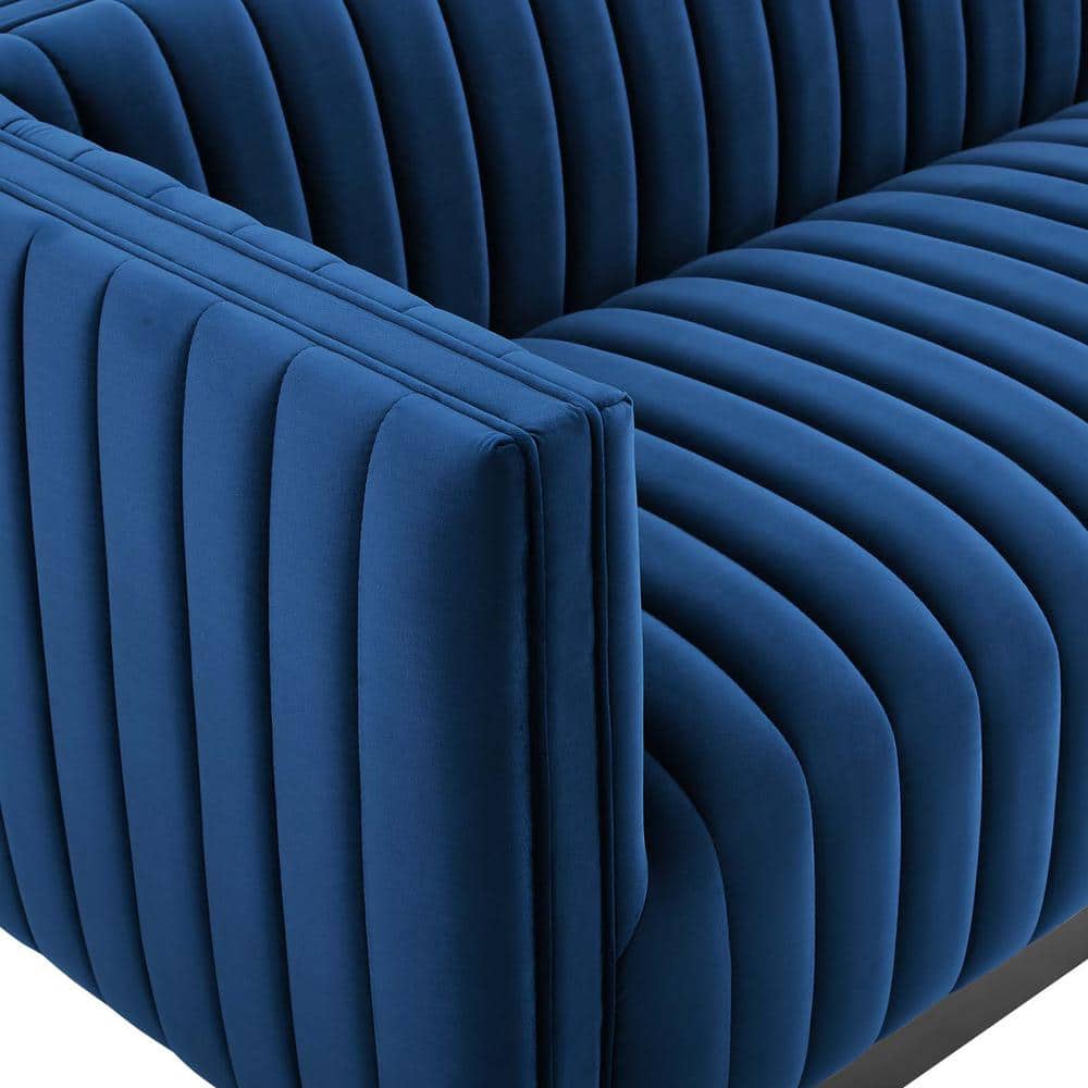 Elegant Navy Velvet Tufted Tuxedo Sofa with Solid Wood Base