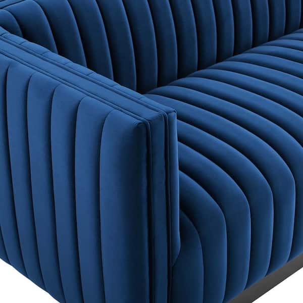MODWAY Conjure 84 in. Navy Channel Tufted Velvet 3-Seater