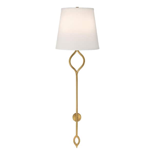 Roxbury 2-Light Warm Brass Wall Sconce with White Fabric Shade