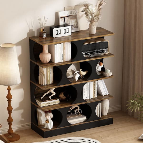 FUFU&GAGA Black and Walnut 60 in. Accent Cabinet with 4 Shelves and Geometric Circular Dividers for Modern Living Room Display