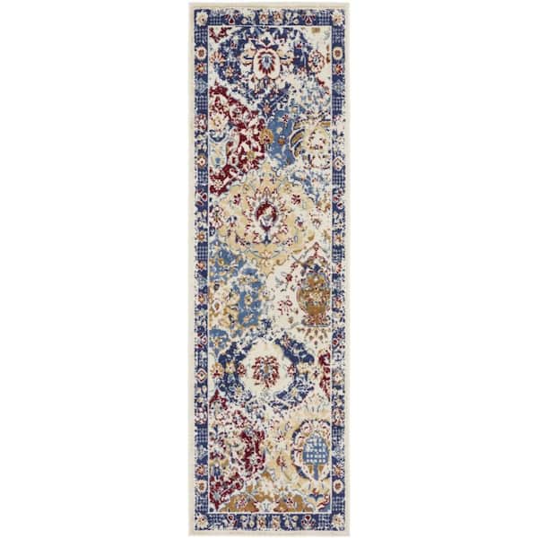 2 ft. x 12 ft. Blue Trellis Washable Area Rug