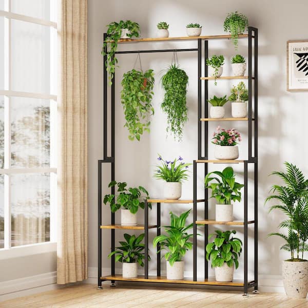 71 in. H Walnut MDF Indoor Plant Stand with 4 Grow Lights 8-Tiered Tall Metal Display Rack 10-Level Stepless Dimming
