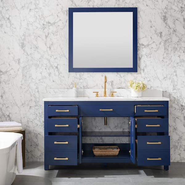 SUDIO Jasper 60 in. W x 22 in. D Bath Vanity in Navy Blue with Engineered Stone Vanity Top in Carrara White with White Sink
