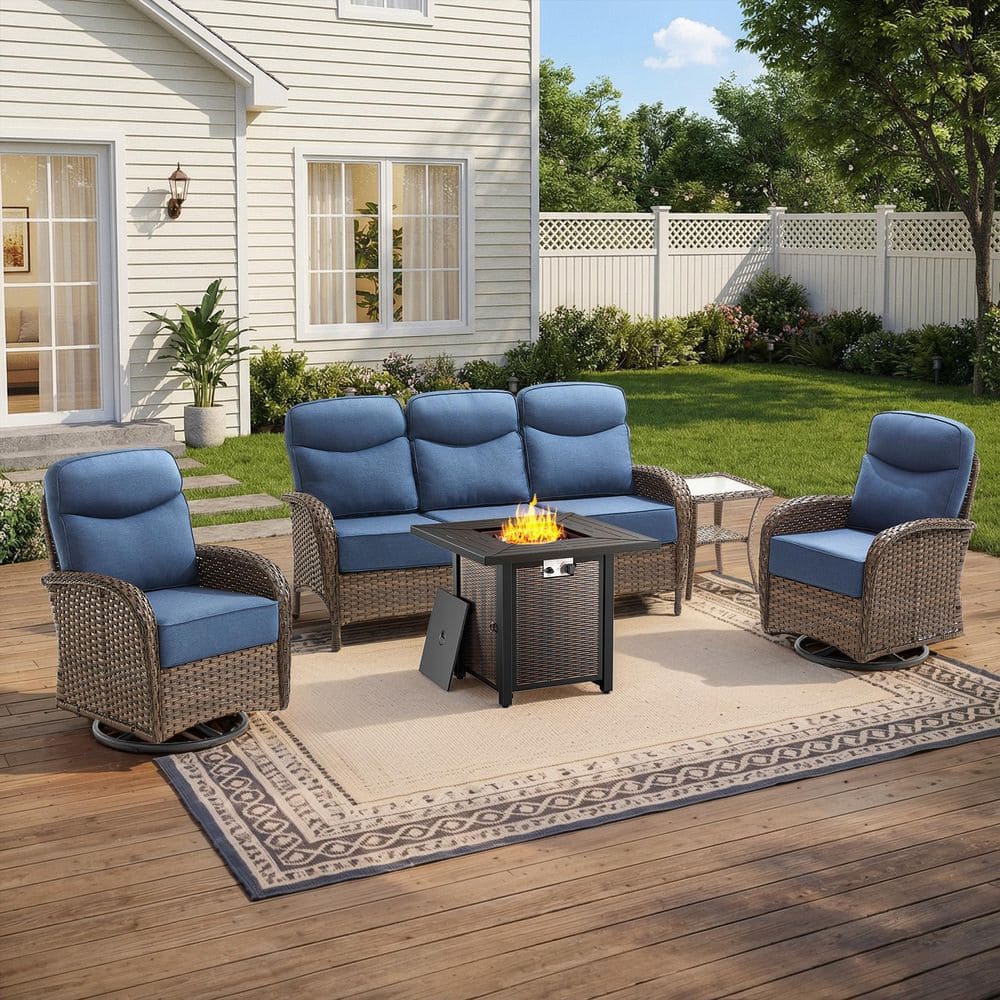 Moonridge 5-Piece Brown Wicker Fire Pit Conversation Set with 6 In. Olefin Blue Cushions / Metal Fire Pit Table price history on PriceWatchPro