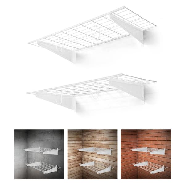 36 in. W x 18 in. D White Metal Garage Wall Shelf, Wall Mounted Garage Shelves with 2 Bike Hooks, (Pack of 2)