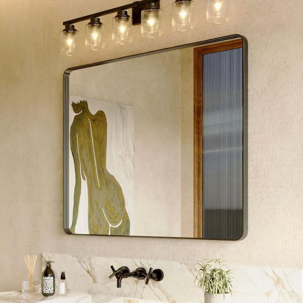 48 in. W x 40 in. H Rectangular Aluminum Framed Modern Black Rounded Wall Mirror