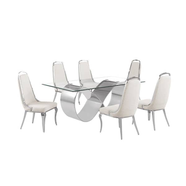 Garrett 7-Piece Clear Tempered Glass Top with Gold Stainless Steel Base Dining Set with 6 Cream Boucle Fabric Chairs
