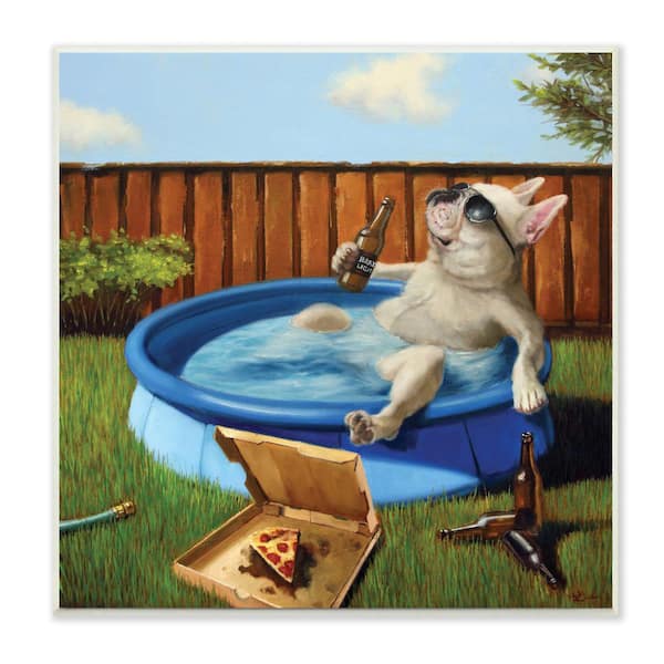 "French Bulldog Drinking Summer Pool Pet Humor" by Lucia Heffernan Unframed Animal Wood Wall Art Print 12 in. x 12 in.
