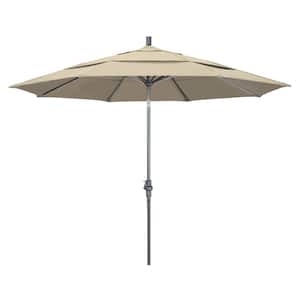11 ft. Hammertone Grey Aluminum Market Patio Umbrella with Crank Lift in Antique Beige Sunbrella