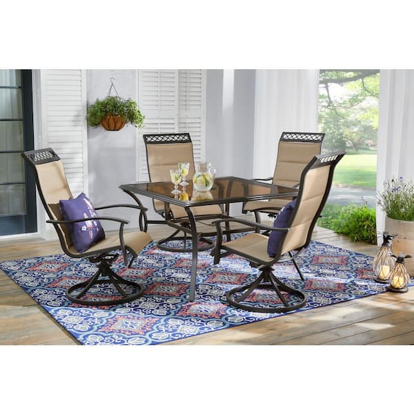 Hampton Bay Statesville Scroll 5 Piece Steel Padded Sling Swivel Outdoor Patio Dining Set In Toffee Tan Fcs80382as St The Home Depot