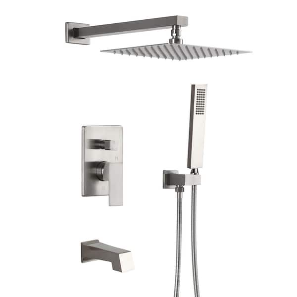 Mondawe 3-Outlets 1-Spray Patterns P-Balanced Shower Faucets Set with 2.5 GPM 10 in. Wall Mount Dual Shower Heads in Nickel