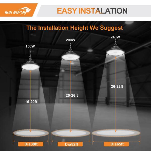 RUN BISON 12.8 in. Integrated LED UFO High Bay Light Fixture Black Garage Light, Up to 33600 Lumens 4000K/5000K, 0-10V Dimmable