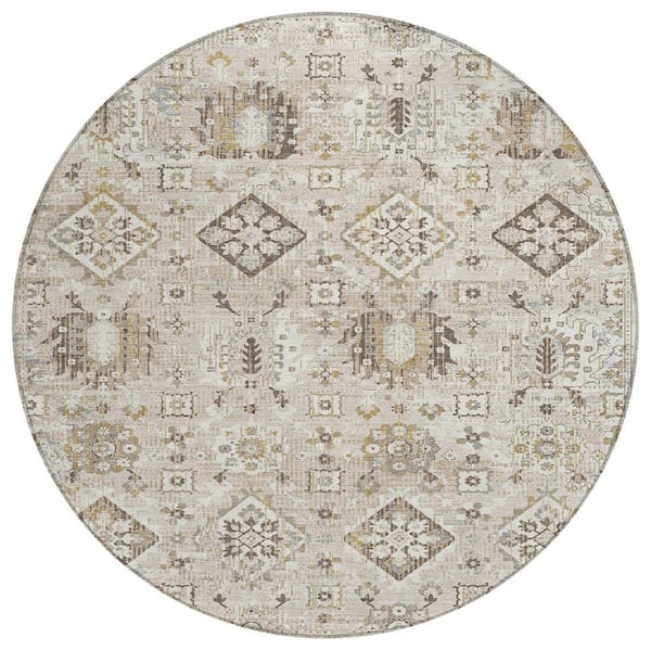 Chantille Machine Washable Indoor/Outdoor Abstract ACN1998 Linen 8 ft. x 8 ft. Round Rug