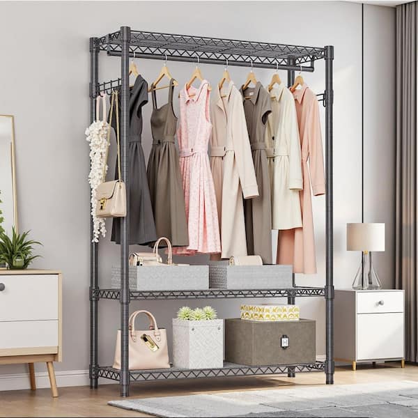 3-Tiers Dark Gray Heavy Duty Metal Adjustable Clothes Rack with 1 Rod and Side Hooks, 45.3 in. W x 72.4 in. H