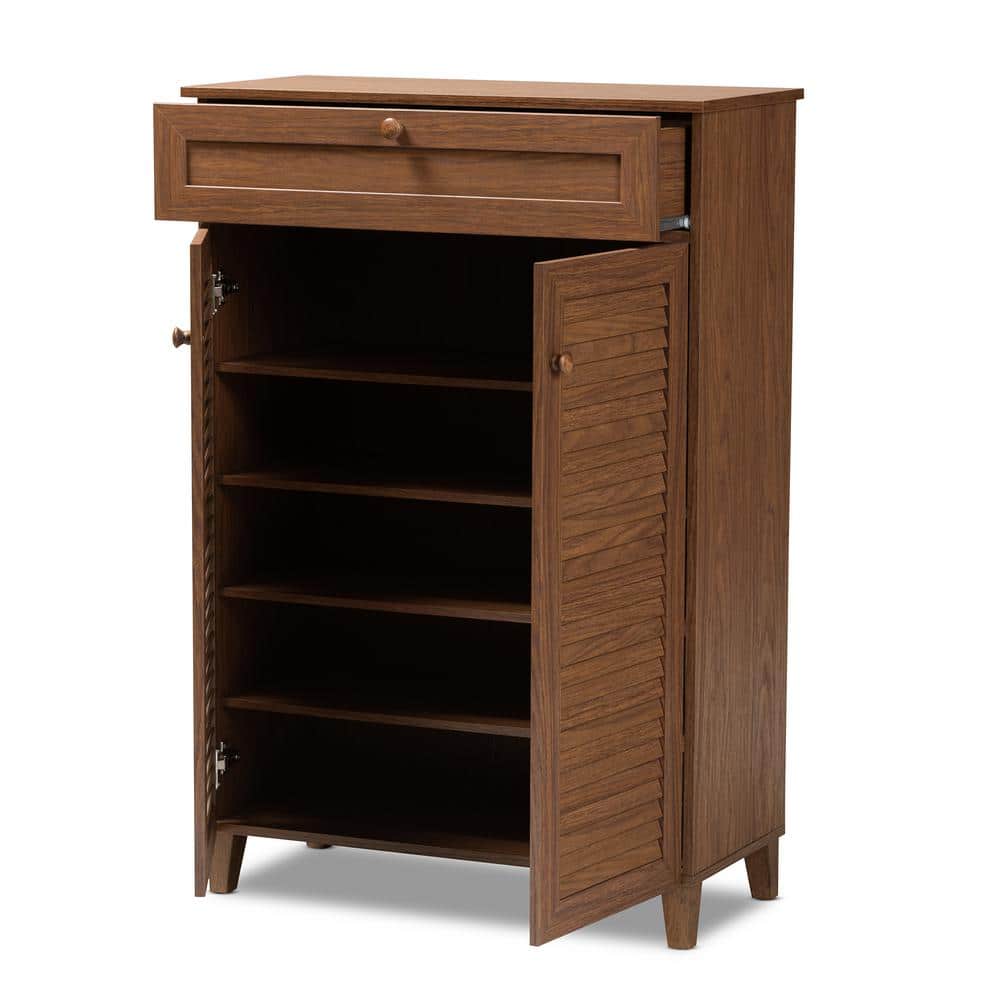 Walnut Finished 5-Shelf Wood Shoe Storage Cabinet with Drawer