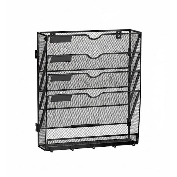 5 Tier Metal Wall File Organizer with 5 Hooks, Black Mail Holder