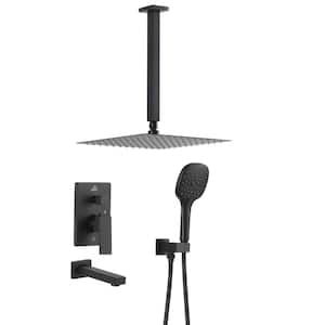 2-Handle 3-Spray Square High Pressure Shower Faucet with 12 in. Shower Head in Matter Black (Valve Included)