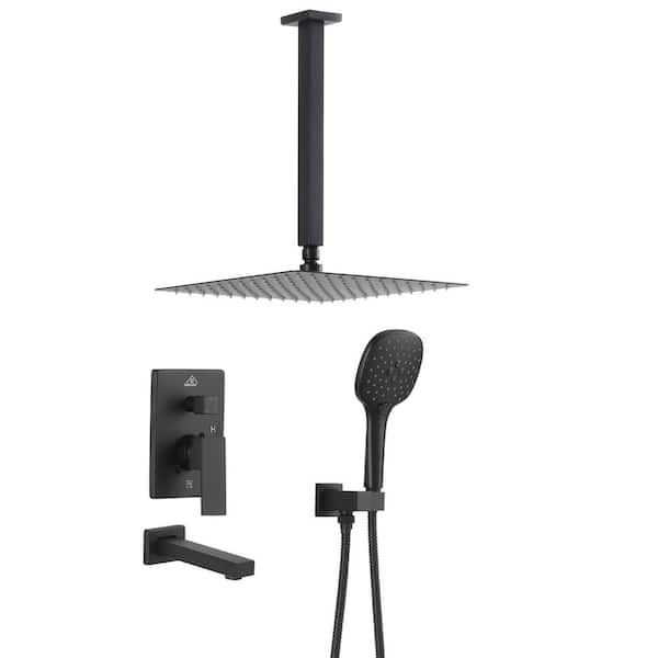 GroGro 2-Handle 3-Spray Square High Pressure Shower Faucet with 12 in. Shower Head in Matter Black (Valve Included)