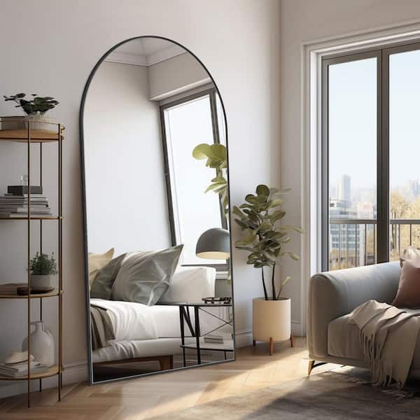 Sxiawe 28 in. W x 71.1 in. H Arched Black Aluminum Frame Oversized Classic Wall Mount Floor Mirror
