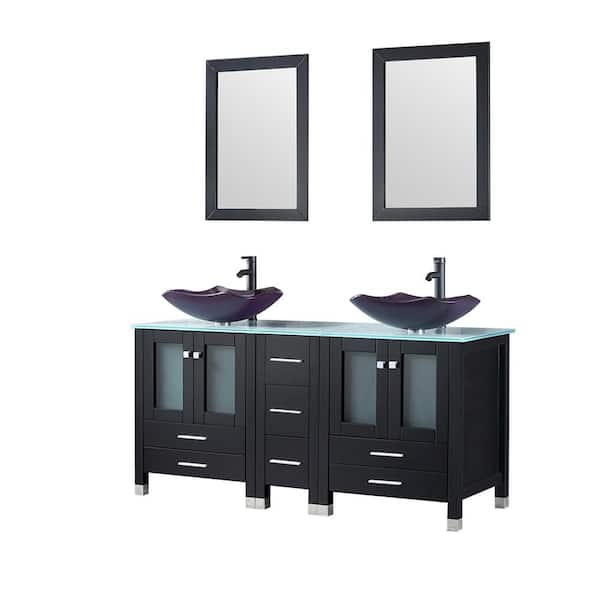 Wonline 60 in. W x 21.5 in. D x 61 in. H Double Sinks Bath Vanity in Black with Clear Glass Countertop and Mirror