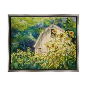Peaceful Sunflower Countryside Woodlands Barn by MB Cunningham Floater Frame Architecture Wall Art Print 31 in. x 25 in.