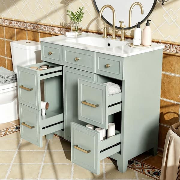 Green 36in Bathroom Vanity with Ceramic Sink, Green, Solid Wood Frame, Soft Close Doors 3 Drawers