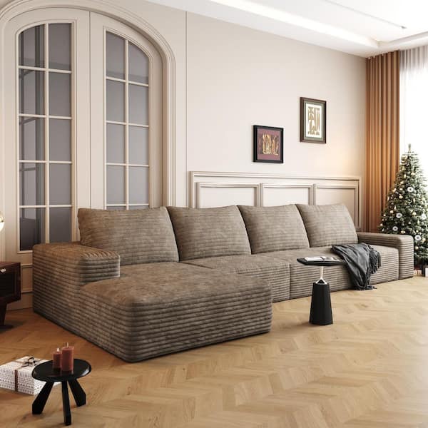 Yumi 135 in. Square Arms Corduroy Deep Seat Modular Compressed Cloud Sectional Sofa in Camel with Chaise, Left Facing