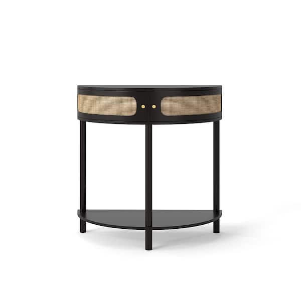 31.88 in. W 32.30 in. H x 15.75 in. D Wood Half Round Shelf in Blackwith Sliding Rattan Door