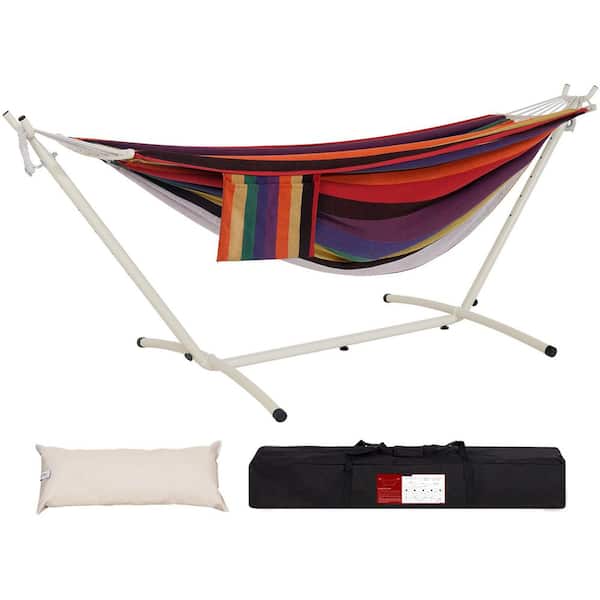 AURA OUTDOOR 9 ft. 2 Person Heavy Duty Outdoor Hammock with Durable Steel Stand, Rope Bracket, Carring Bag, Red Purple