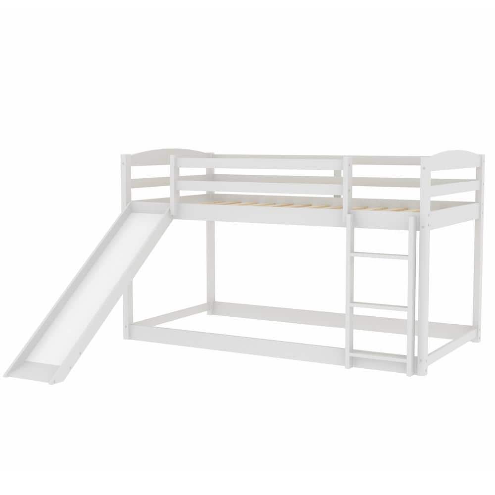 White Twin-over-Twin Bunk Bed with Slide and Storage Drawers