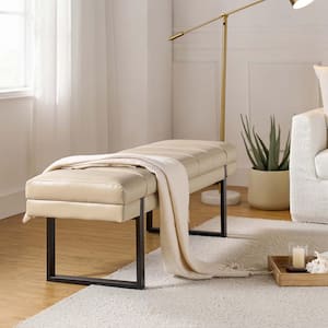 Leander Beige Modern Channel Tufted Upholstered Bench with Metal Legs