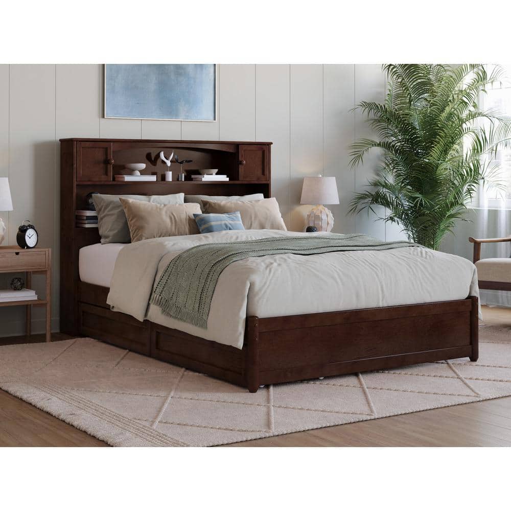 Walnut Full Wood Platform Bed with Storage Drawers and Headboard