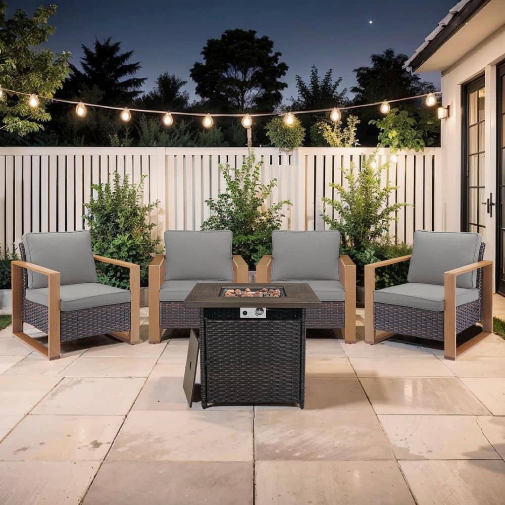 Cube Edge 5-Piece Brown Wicker Fire Pit Conversation Set with Olefin Gray Cushions/Patio Lounge Chairs price history on PriceWatchPro