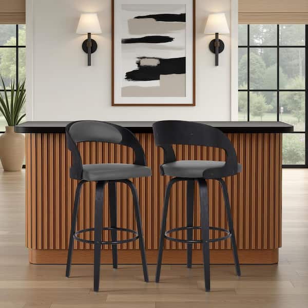 Shelly 41 in. H Gray Low Back Wood Bar Stool with Faux Leather Seat (Set of 2)