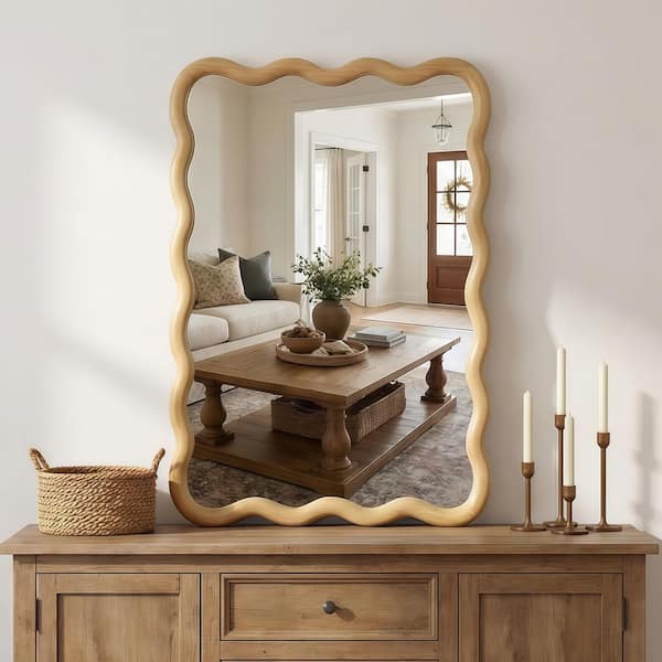 Oak Color 20 in. W x 30 in. H Wavy Rectangle Solid Wood Framed Mirror for Bathroom Vanity Living Room Entryway Decor