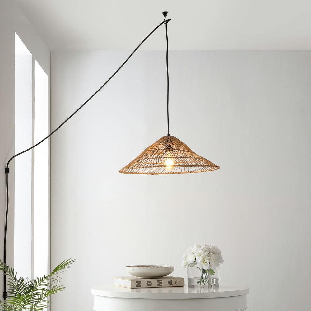 Nova 20.25" Brown Rattan Cone-Shaped LED Pendant Light with 180" Cord