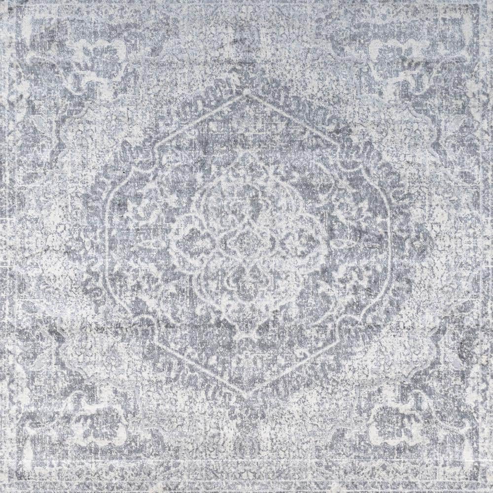 Modern Square 8' Gray and Ivory Synthetic Easy-Care Area Rug