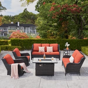 Moonquake 6-Piece Wicker Patio Rectangular Fire Pit Set with Orange Red Cushions and Swivel Rocking Chairs