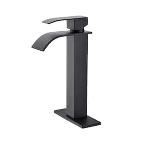 Single Handle Vessel Sink Faucet Single Hole Bathroom Faucet with Waterfall and Deck Plate in Matte Black