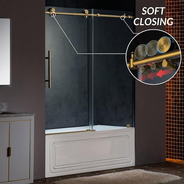 WOODBRIDGE 60 in. W x 62 in. H Sliding Frameless Tub Door in Brushed Gold with Soft Close System and 3/8 in. Clear Glass