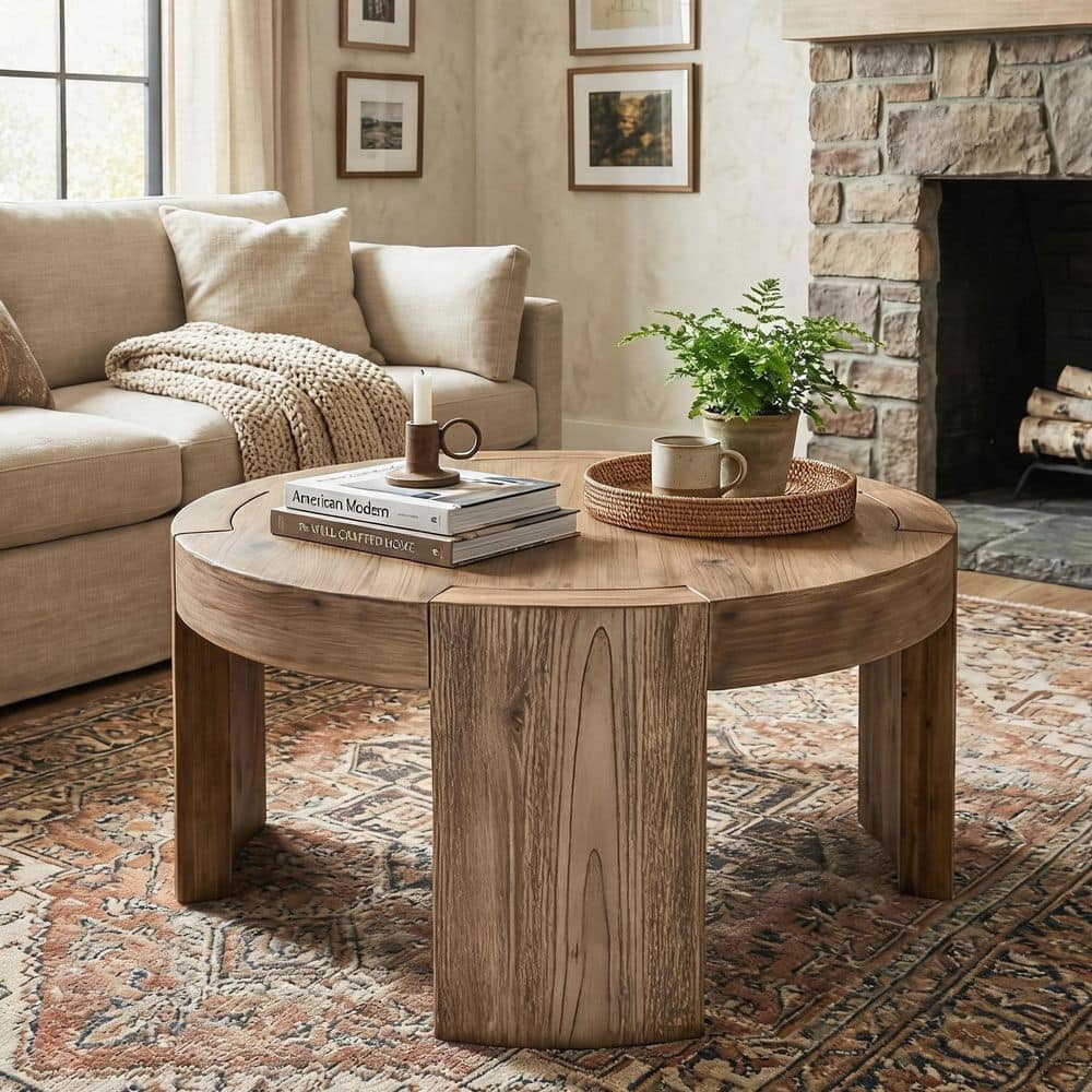 Light Brown 31.5 in. Round Solid Wood Coffee Table with 4 Legs, Farmhouse Circle Center Tea Table for Living Room price history on PriceWatchPro