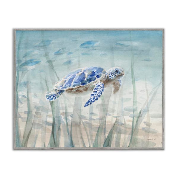 Baby Sea Turtle Blue Speckled Aquatic Animal Ocean by Danhui Nai Gray Framed Giclee Art Print Animal 16 in. x 20 in.
